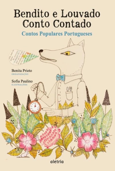 Capa de livro com ilustração de um lobo vestido e relógio, texto do título e folhas coloridas.