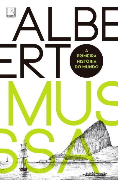 Capa de livro branco com texto preto e verde e desenho de barco e montanha em preto