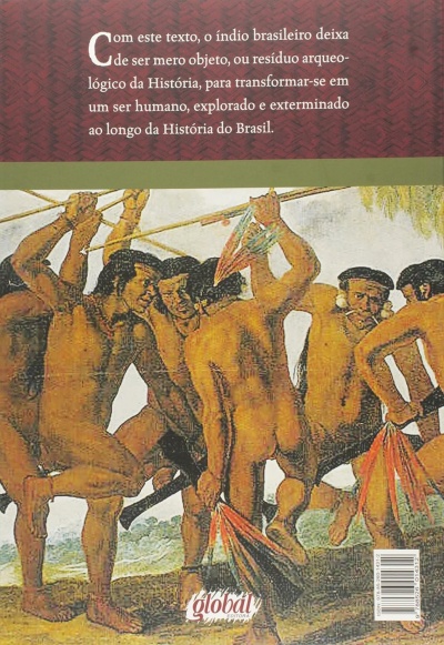 Contracapa de livro com ilustração de índios brasileiros e texto em português