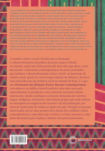 Capa traseira de livro com padrão geométrico colorido e texto em português
