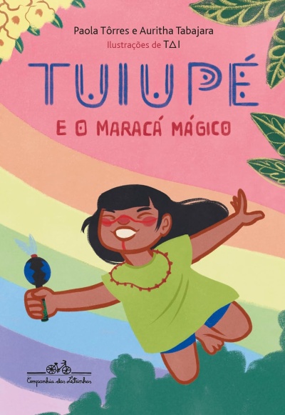Capa de livro infantil com menina a voar e segurando maracá