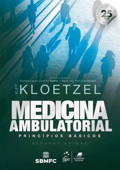 Capa do livro Medicina Ambulatorial com pessoas a caminhar e selo comemorativo de 25 anos