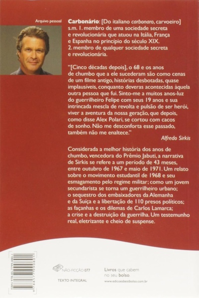 Contracapa de livro vermelha com texto e retrato de homem