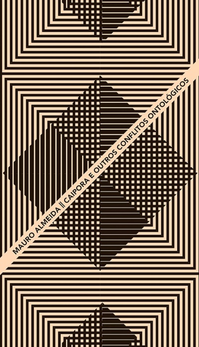 Capa de livro com padrão geométrico preto e bege e texto diagonal