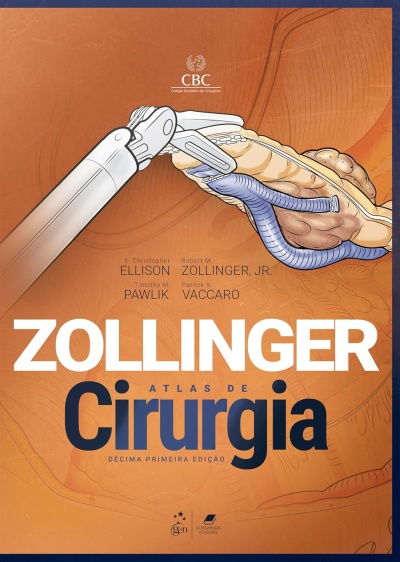 Capa de livro de cirurgia com ilustração de instrumento robótico e tecido humano no fundo laranja