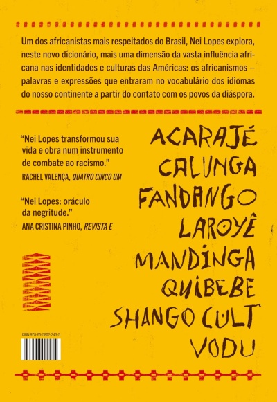 Contracapa de livro amarelo com texto sobre Africanismos e citações sobre Nei Lopes