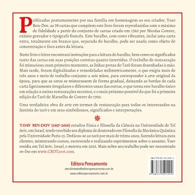 Contracapa de livro com texto sobre Yoav Ben-Dov e tarô, fundo bege com borda vermelha