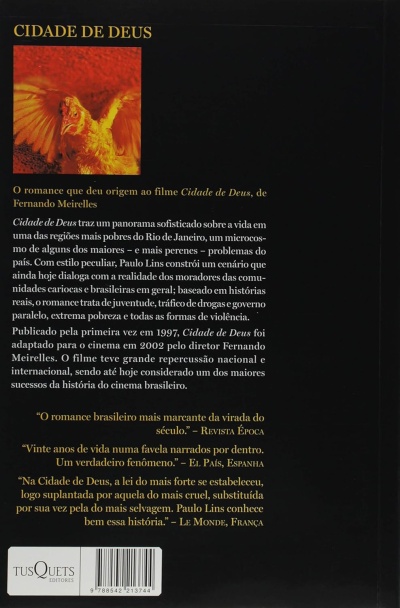 Contra-capa de livro preto com imagem de galinha amarela e texto em português