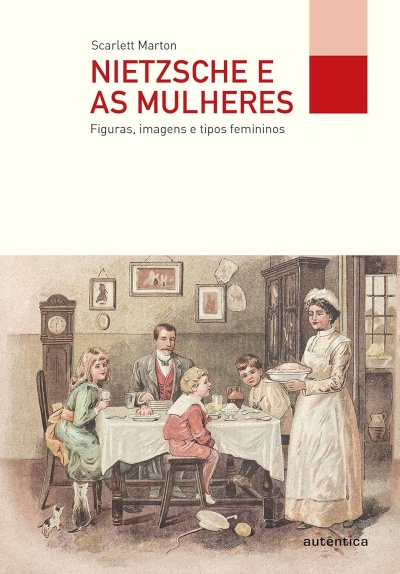 Capa de livro Nietzsche e as mulheres com ilustração de família na mesa