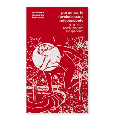 Capa de livro vermelha com ilustração branca de mulher nua ajoelhada e texto em português e francês.