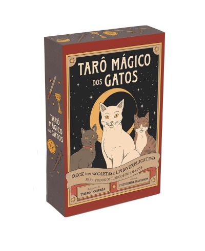 Caixa de baralho TARÔ MÁGICO DOS GATOS com ilustrações de três gatos em fundo estrelado
