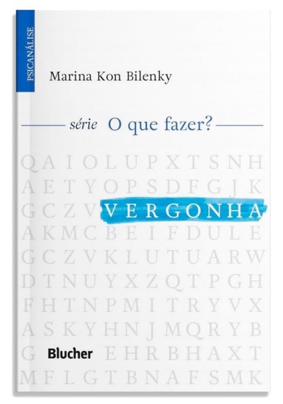 Capa de livro branco com texto azul e preto, título VERGONHA destacado em azul.