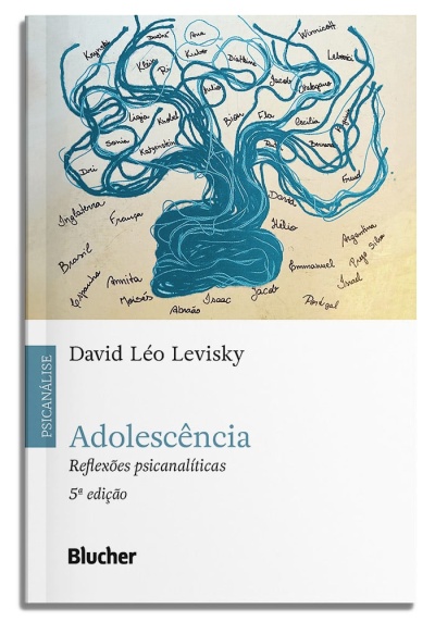 Capa do livro Adolescência com ilustração de árvore azul e nomes manuscritos