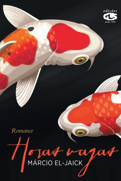 Ilustração de duas carpas koi vermelhas e brancas em fundo preto com texto do livro.