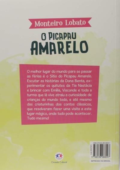 Capa traseira do livro O PICAPAU AMARELO de Monteiro Lobato com texto, código de barras, e logotipo Ciranda Cultural