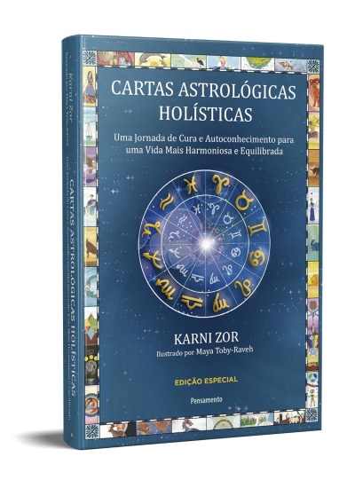 Capa de livro azul com signos astrológicos em círculo e texto em português