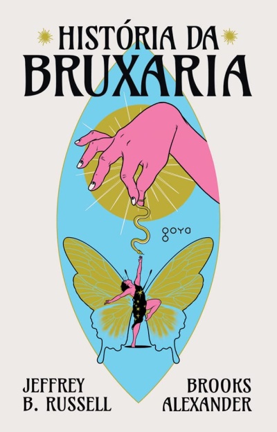 Capa de livro História da Bruxaria com mão rosa e figura de borboleta.