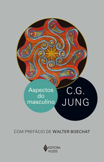 Capa de livro com padrão colorido abstrato e texto Aspectos do masculino C.G. JUNG