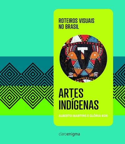 Capa de livro verde com arte indígena colorida e texto em português