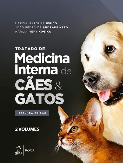 Capa de livro com foto de cão e gato e texto sobre medicina interna de cães e gatos.