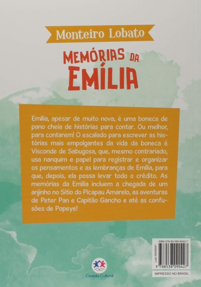 Capa traseira do livro MEMÓRIAS DA EMÍLIA de Monteiro Lobato com texto descritivo e código de barras
