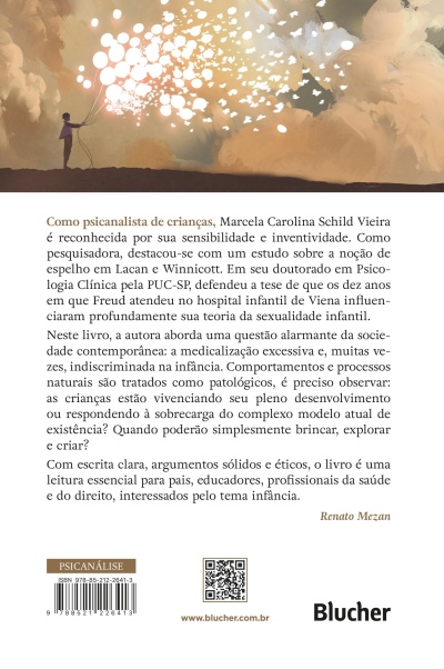 Traseira do livro com ilustração de criança segurando balões brancos que viram borboletas, texto em português, código QR, ISBN e logo Blucher.