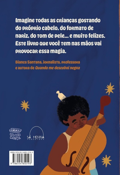 Capa de livro azul com ilustração de criança negra tocando violoncelo e texto em português