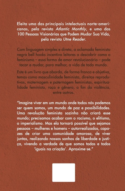 Verso de livro com texto em português sobre feminismo em fundo castanho