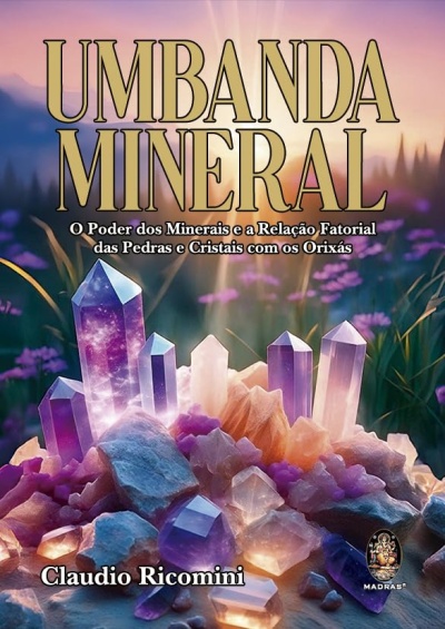 Capa de livro com cristais coloridos e texto sobre umbanda e minerais