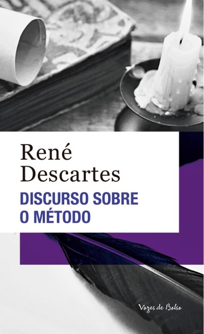 Capa de livro Discurso sobre o Método de René Descartes com pena e vela