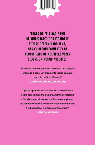 Verso de livro cor-de-rosa com texto em português e código de barras