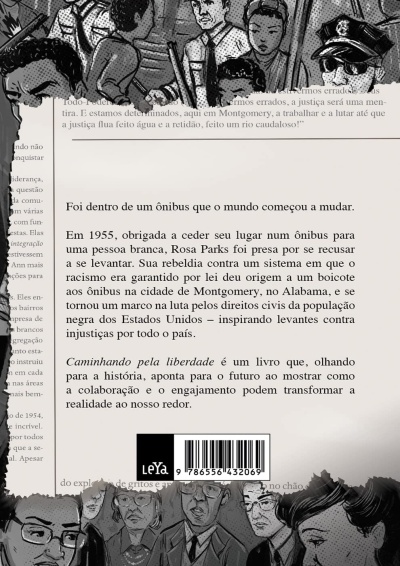 Capa traseira do livro com texto e ilustração sobre Rosa Parks e direitos civis.