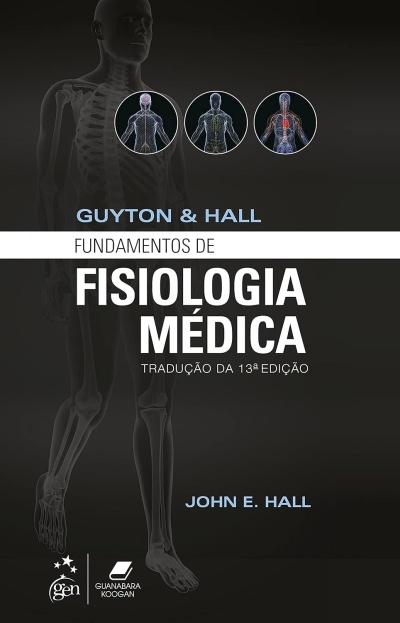Capa de livro sobre fisiologia médica com imagens do corpo humano em fundo preto