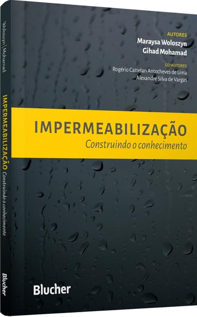 Capa de livro preto com gotas, faixa amarela com título IMPERMEABILIZAÇÃO Construindo o conhecimento