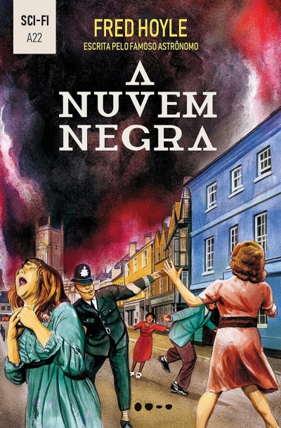 Capa de livro de ficção científica A NUVEM NEGRA com ilustração retro de pessoas assustadas na rua e céu vermelho e negro.