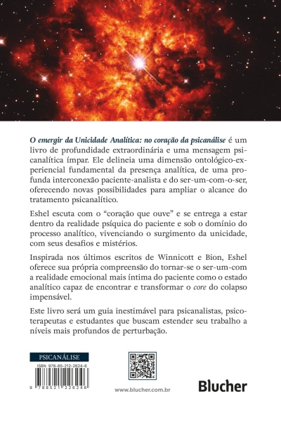 Contracapa de livro com imagem de nebulosa vermelha e texto em português sobre psicanálise.