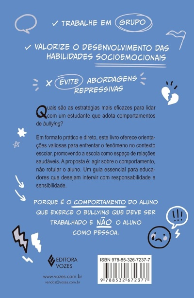 Contra-capa de livro azul com texto educativo sobre bullying e ISBN
