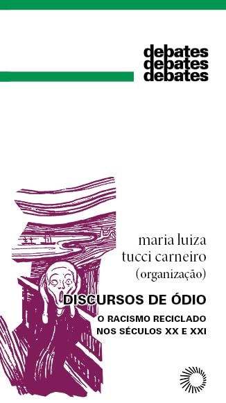 Capa de livro branca com título, nome do autor, ilustração roxa e detalhes gráficos em verde e preto