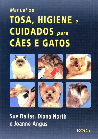 Capa de livro azul sobre cuidados para cães e gatos com fotos de animais