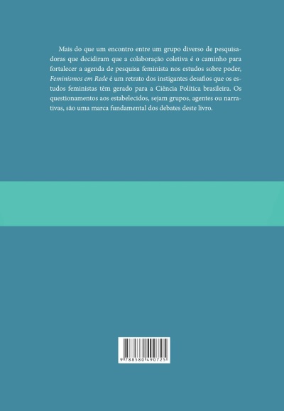 Capa traseira de livro azul com faixa verde e texto em português sobre pesquisa feminista.