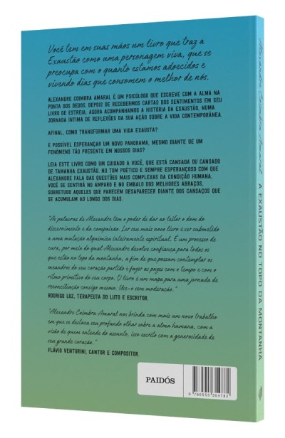Capa traseira do livro A Exaustão no Topo da Montanha em azul e verde com texto em português e código de barras.