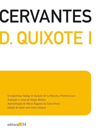 Capa do livro D. Quixote I com fundo branco e retângulo amarelo, texto em preto e amarelo