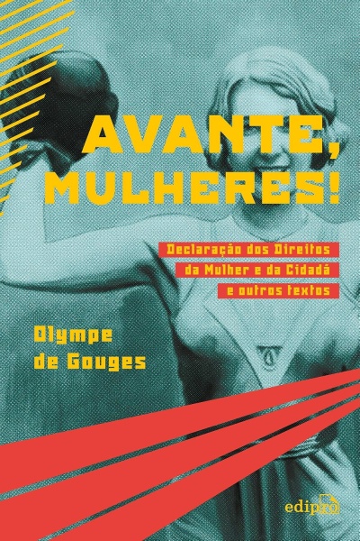 Capa de livro com escultura feminina azul e texto em amarelo e vermelho