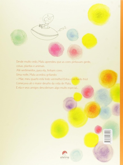 Página de livro infantil com texto e ilustração a preto e branco de alienígena em disco voador, manchas coloridas de aquarela e logotipo da editora