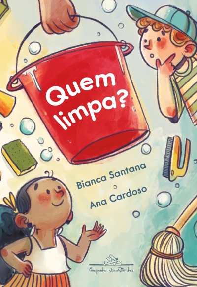 Capa de livro infantil com balde vermelho e crianças, objetos de limpeza e texto.