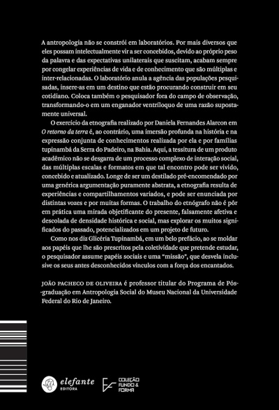 Parte traseira de livro com texto em português, fundo preto, texto branco, logos da editora elefante e coleção Fundo & Forma.