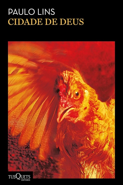 Capa preta de livro com título amarelo e imagem de galinha em tons vermelhos.