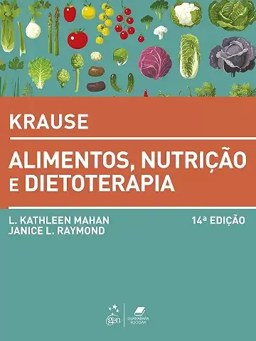 Capa do livro KRAUSE ALIMENTOS, NUTRIÇÃO E DIETOTERAPIA com ilustrações de vegetais e texto informativo
