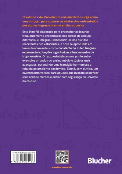 Capa traseira de livro roxa com texto informativo, código QR e código de barras