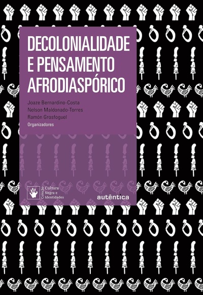 Capa de livro roxa e preta com padrão branco e texto sobre decolonialidade e pensamento afrodiáspórico.